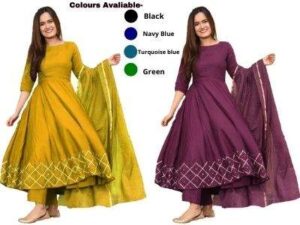 GoSriKi Women's Rayon Anarkali Kurta With Gold Printed Dupatta