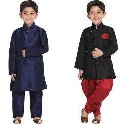 JBN Creation diwali dress for boys Black Cotton Blend Sherwani Style Kurta Set
