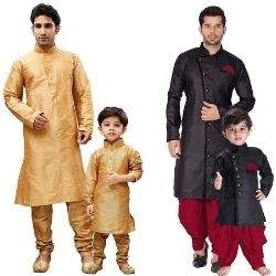 Vastramay Baap Beta Cotton Silk Kurta Pyjama Set